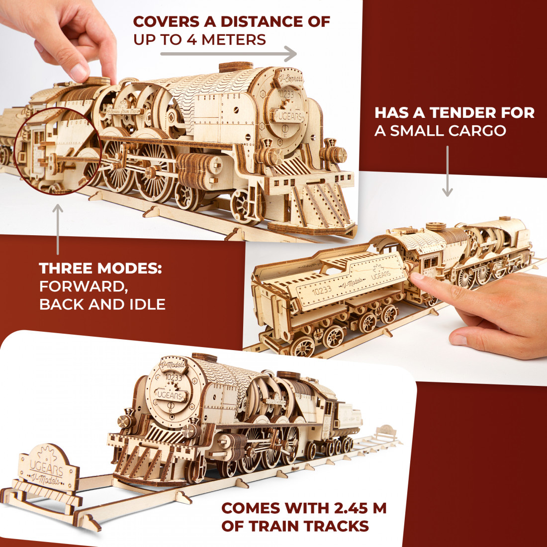 Ugears Mechanical Model  V-Express Steam Train with Tender wooden