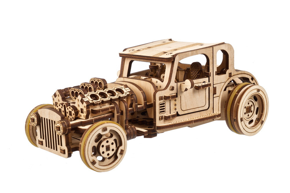 UGears 3D Car Model Puzzle - Hot Rod Furious Mouse with Innovative Dual Engines - 3D Wooden Puzzles for Adults and All Family