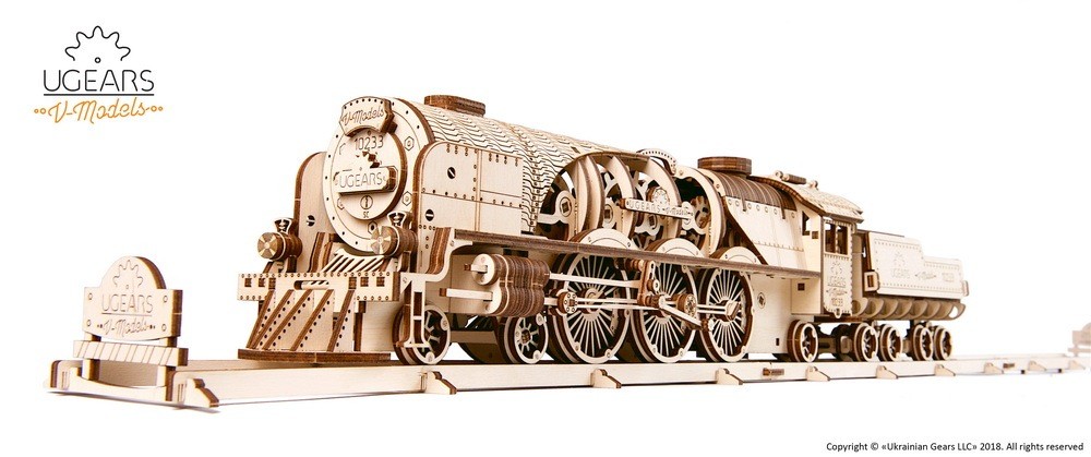 Ugears V-express locomotora a vapor con tender 3d madera puzzle modellbau set sobre 500 