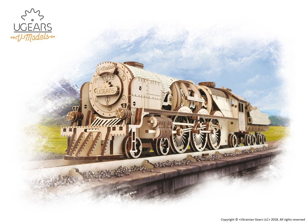 UGears V-Express Steam Train with Tender  Wooden Mechanical Model 3D Puzzle Kit 