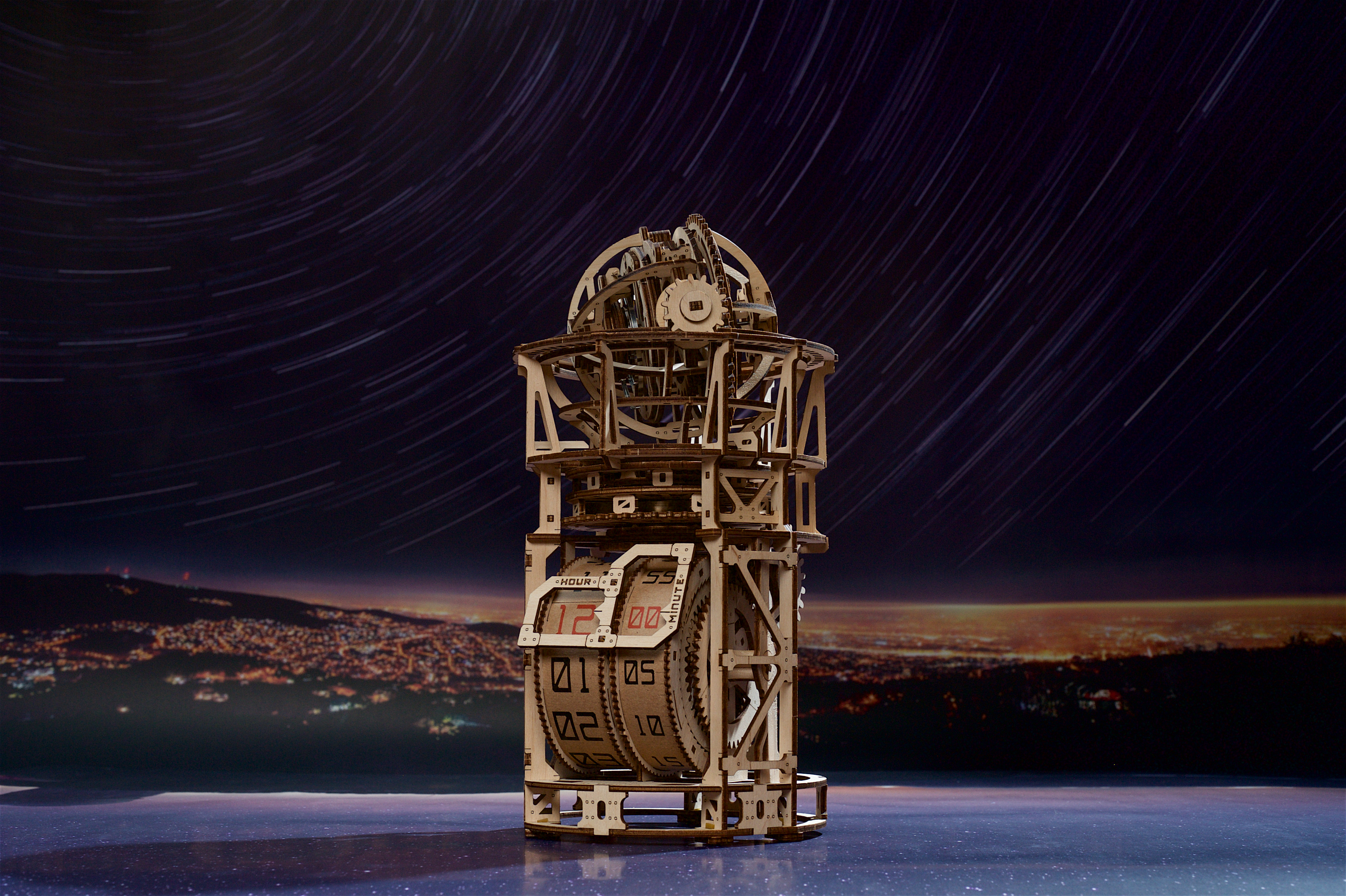 Дерев'яний механічний 3D-конструктор Астроном Настільний годинник із турбійоном від Ugears 